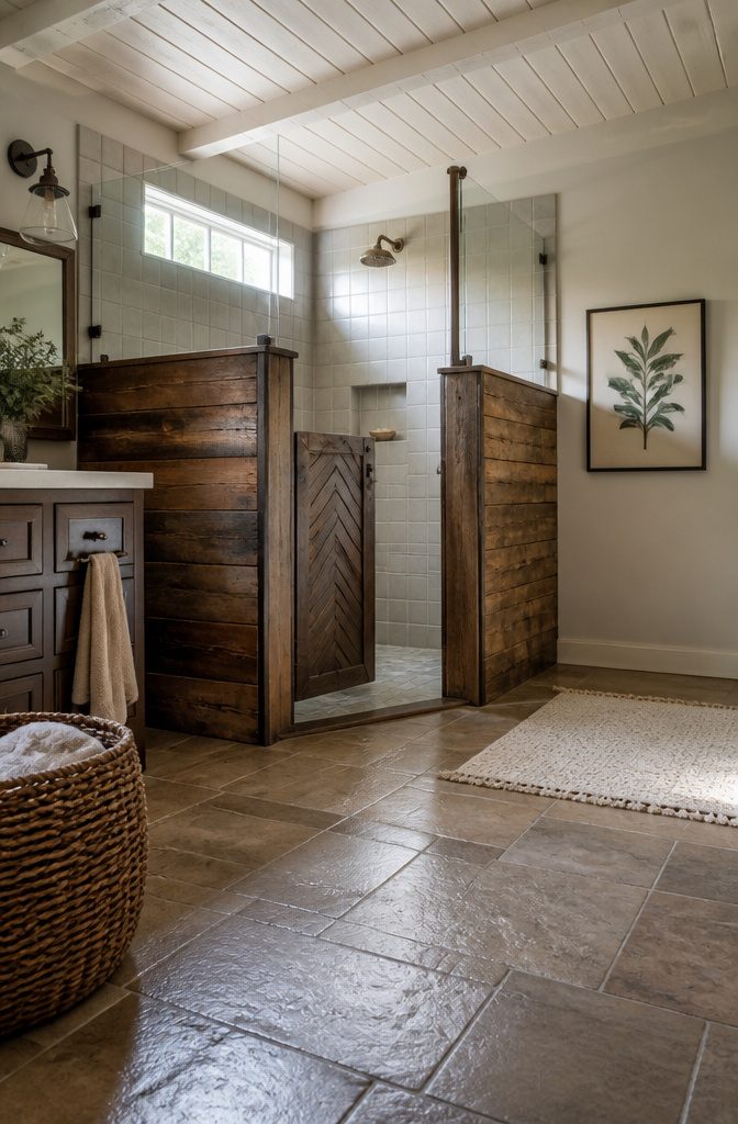 Walk-in shower with reclaimed wood walls and a herringbone barn door
