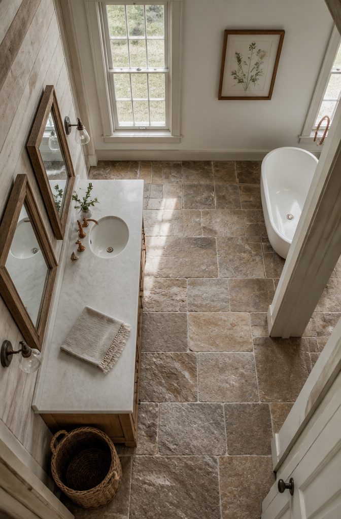 Light wood beams cross a vaulted bathroom ceiling above pale finishes