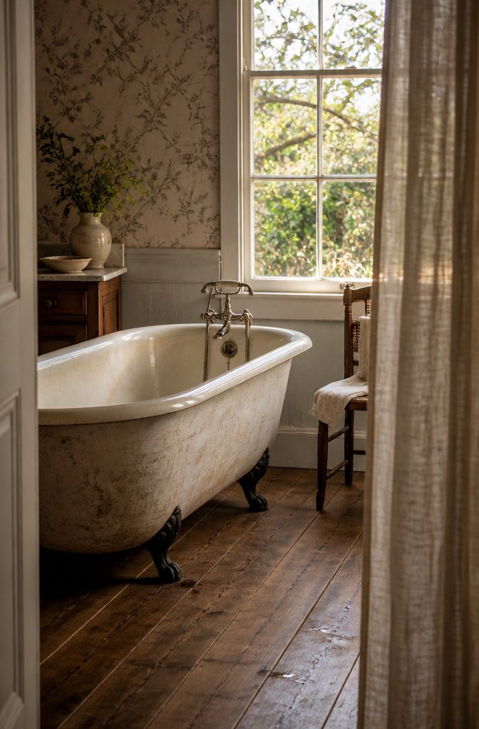 Claw-foot tub beside a Regency chair and an antique-style vanity