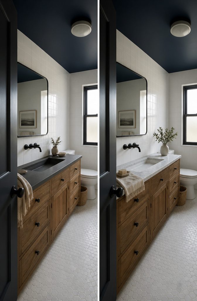 Dark bathroom walls behind a white sink and natural wood accents