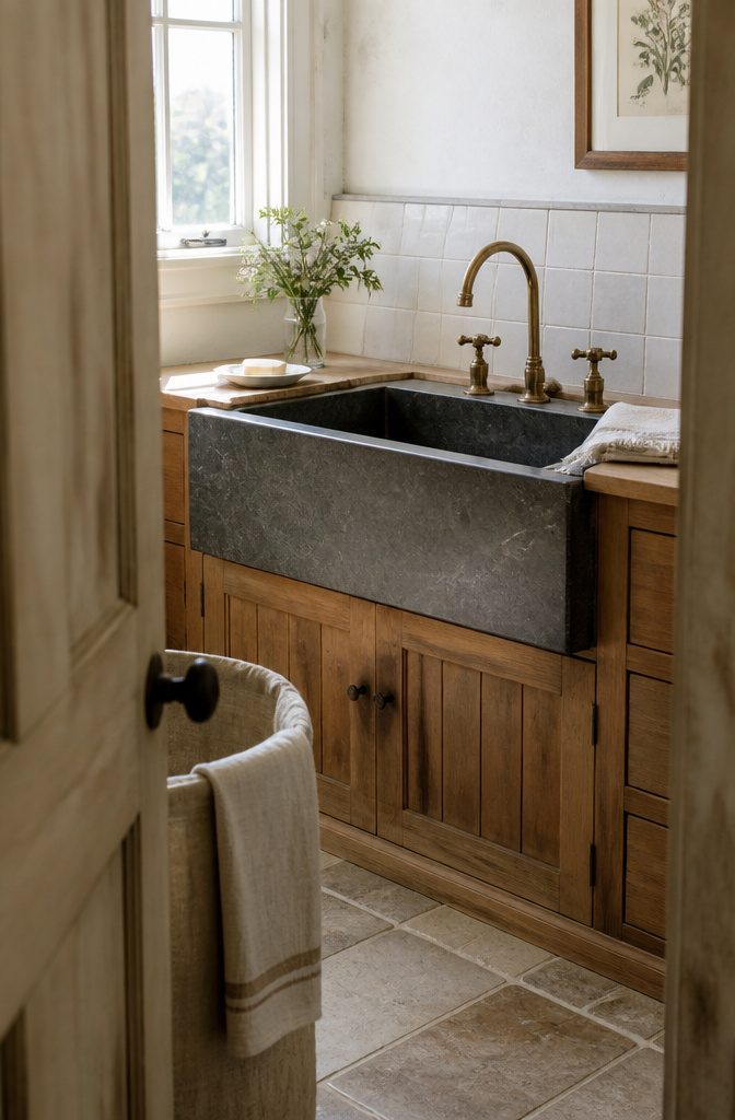 Dark soapstone farmhouse sink with aged-brass taps on a warm wood counter