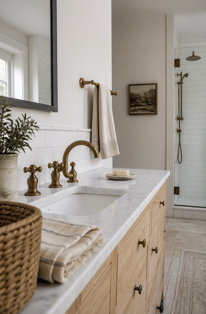 Aged-brass bathroom faucets and towel bars beside a pale wood vanity