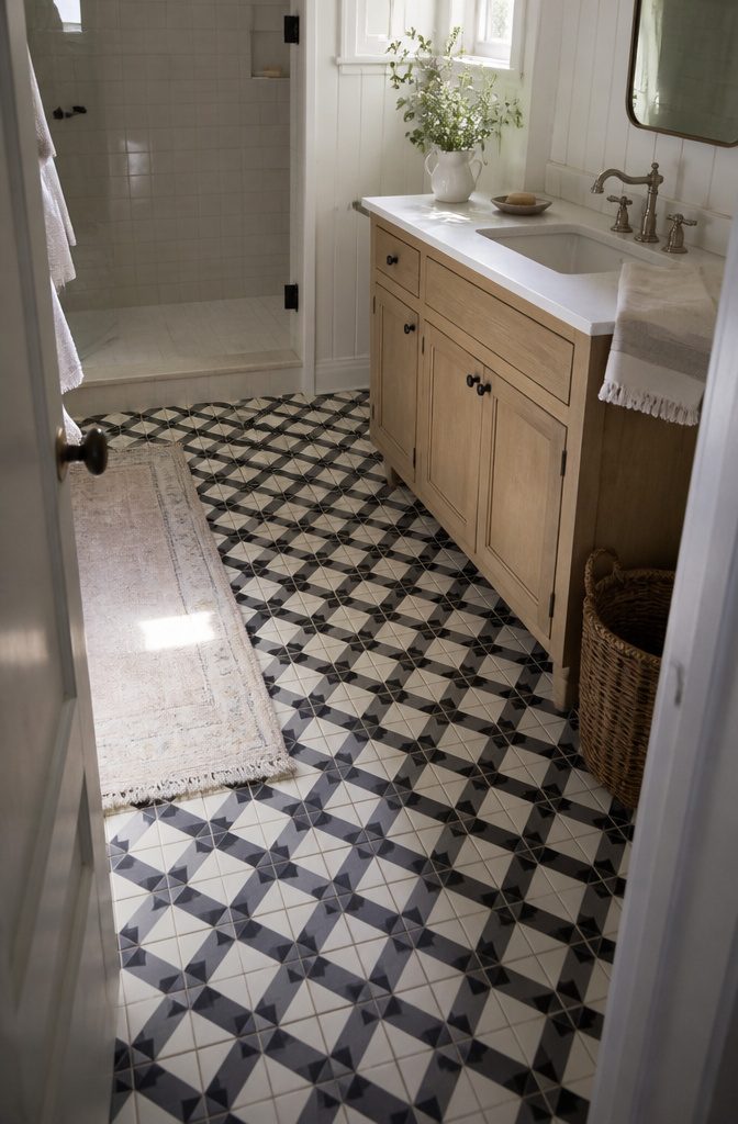 Black-and-white geometric floor tiles beside a pale wood vanity