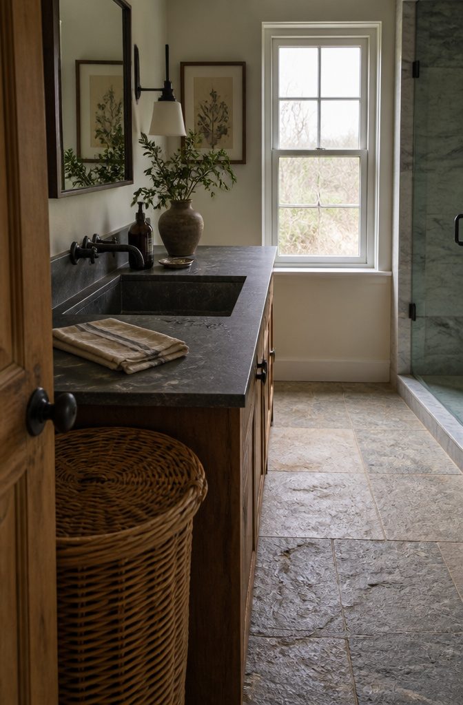 Dark soapstone counter and built-in sink above wood cabinetry with limestone flooring