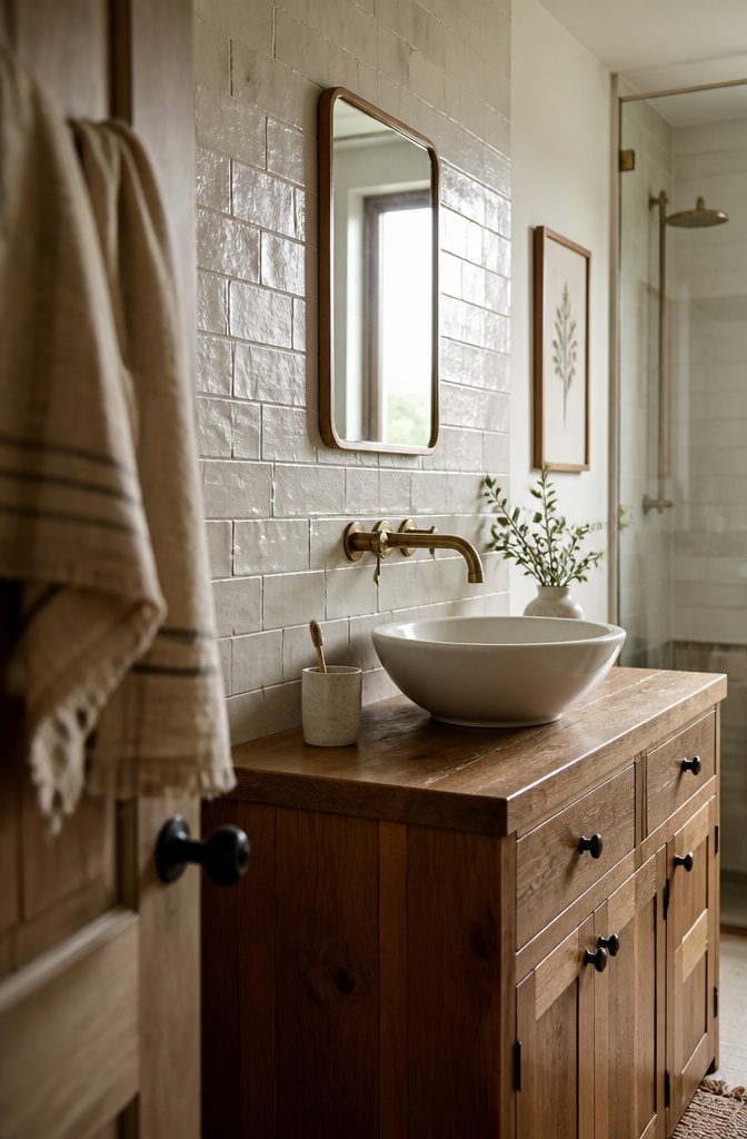 Handmade white subway tile backsplash above a wood vanity and vessel sink