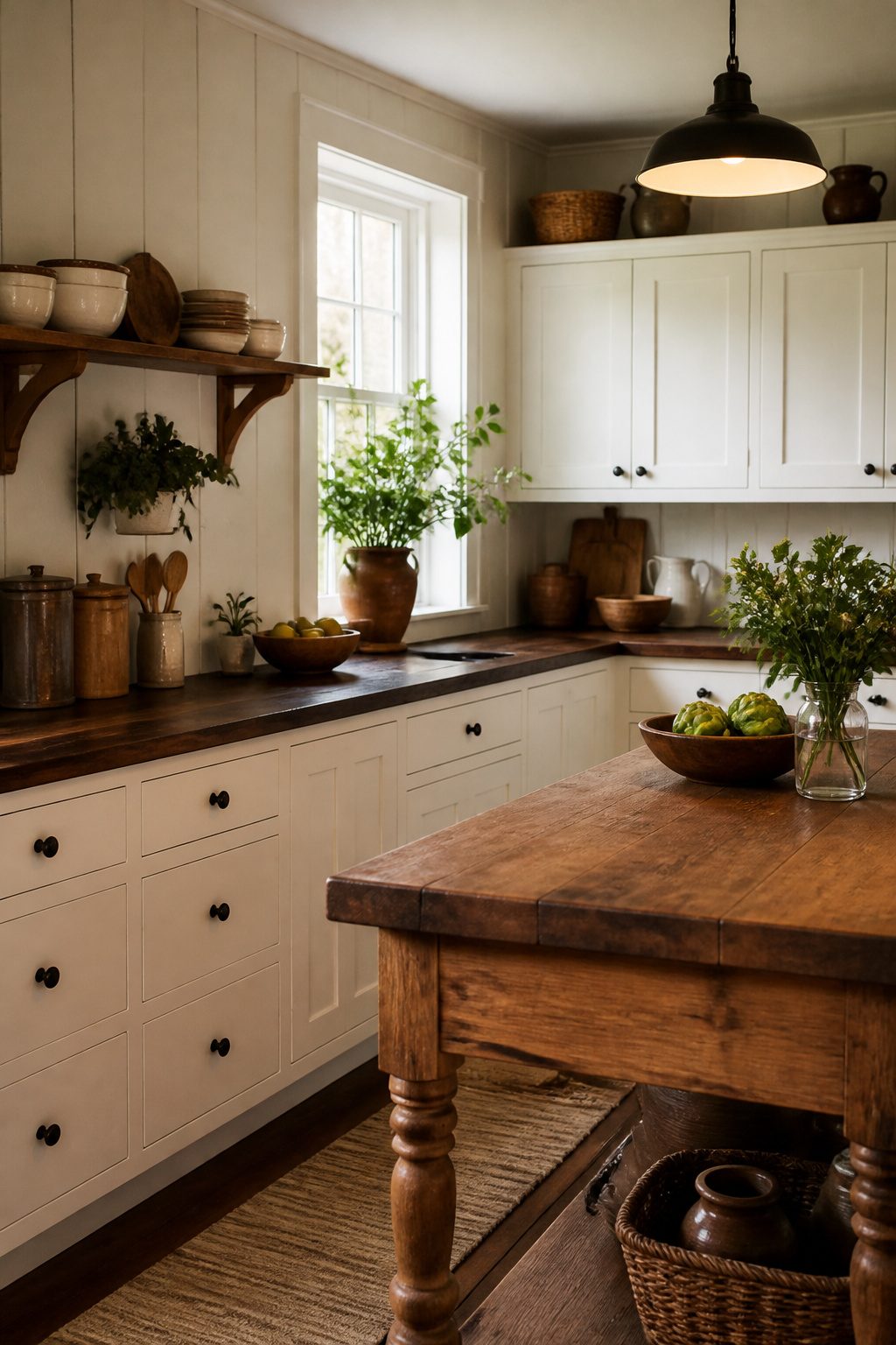A rustic kitchen with Shaker cabinets and dark stained wooden countertops.