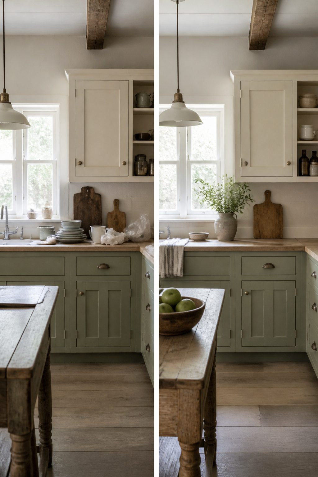 A rustic farmhouse kitchen featuring creamy white and soft gray colors.