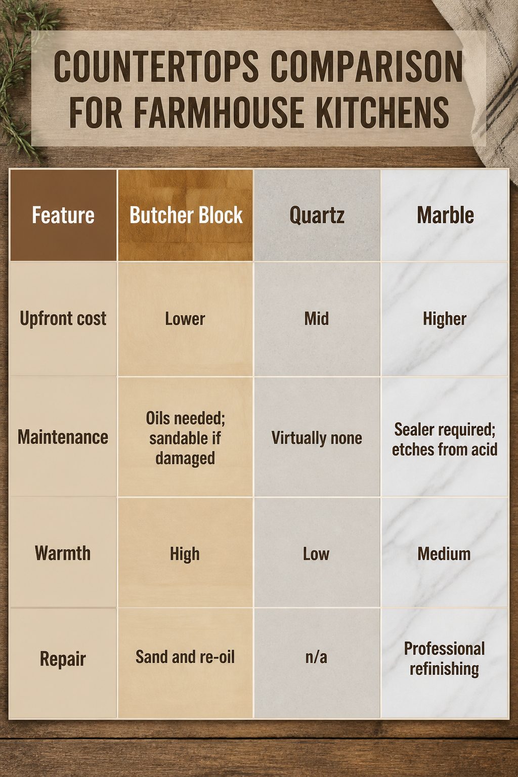 A comparison chart of butcher block, quartz, and marble countertops.