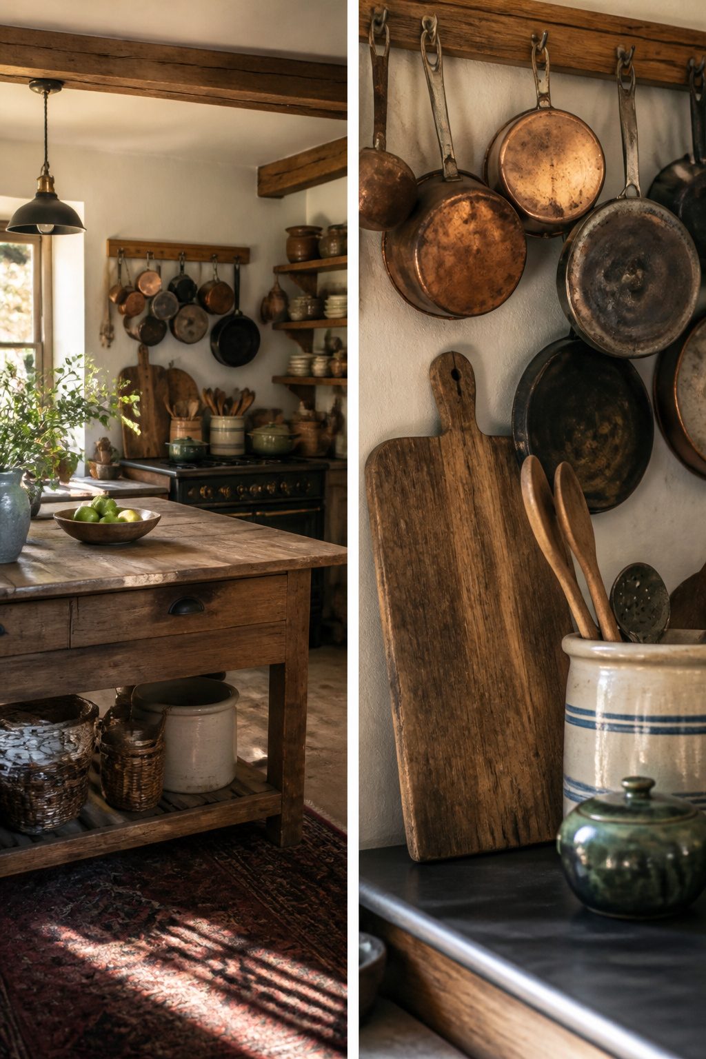 A rustic kitchen decorated with vintage pots and pans on the wall.