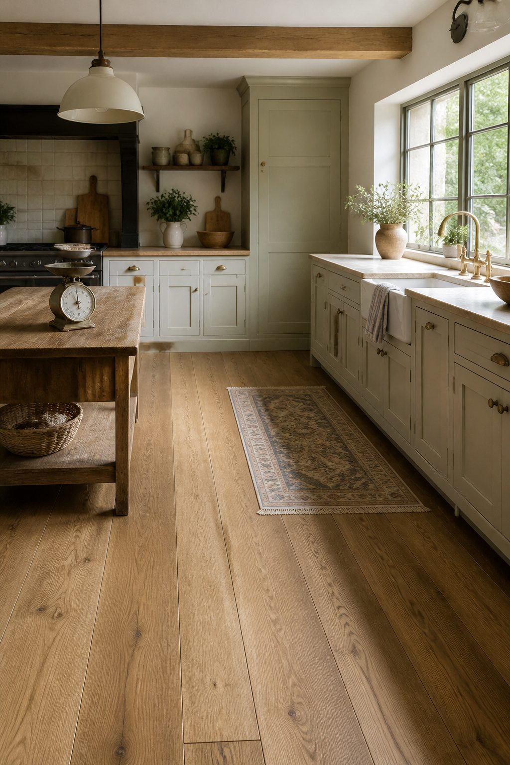 A rustic kitchen with wide-plank oak flooring and natural wood cabinetry.