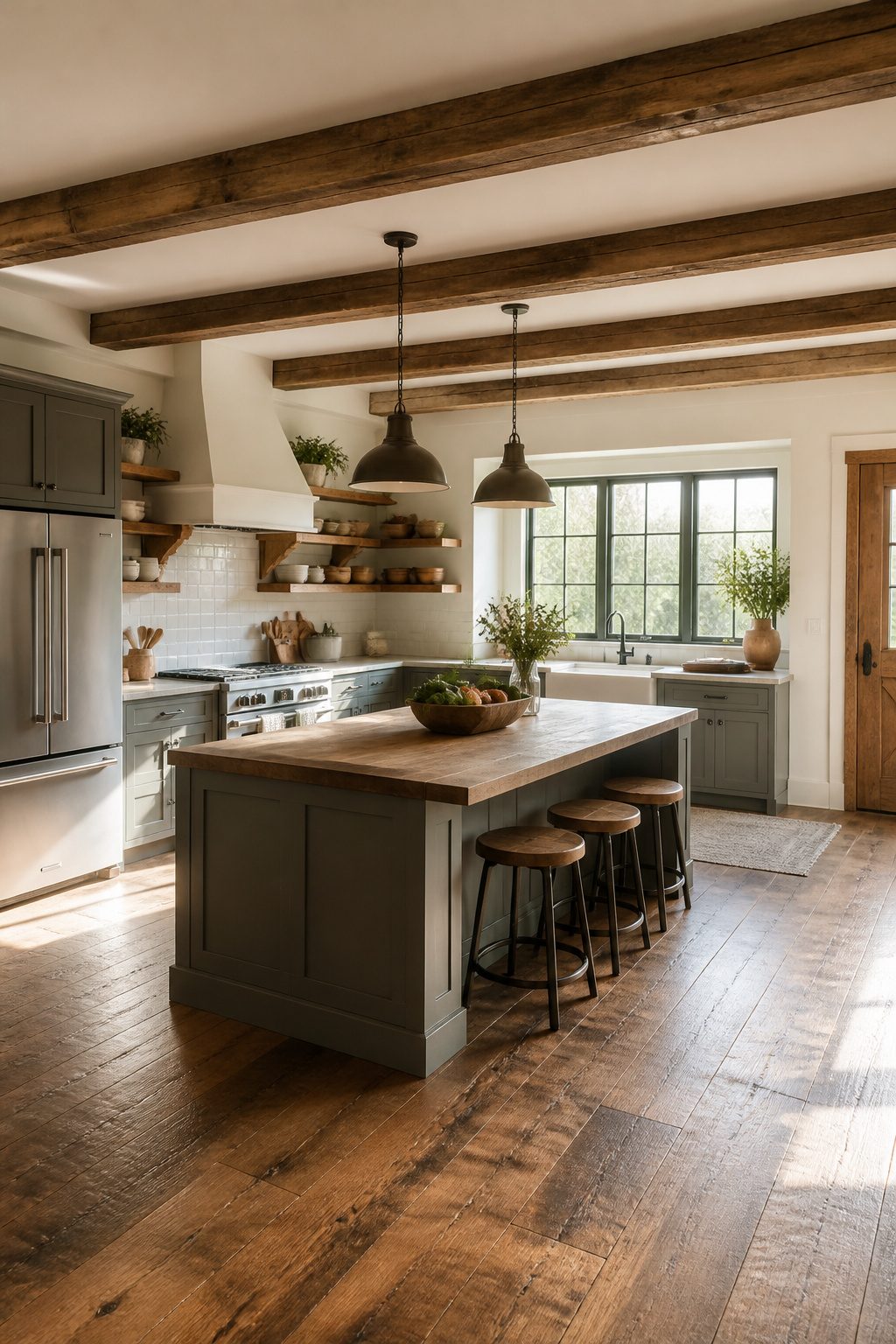 A rustic kitchen with a reclaimed wood island and seating area.
