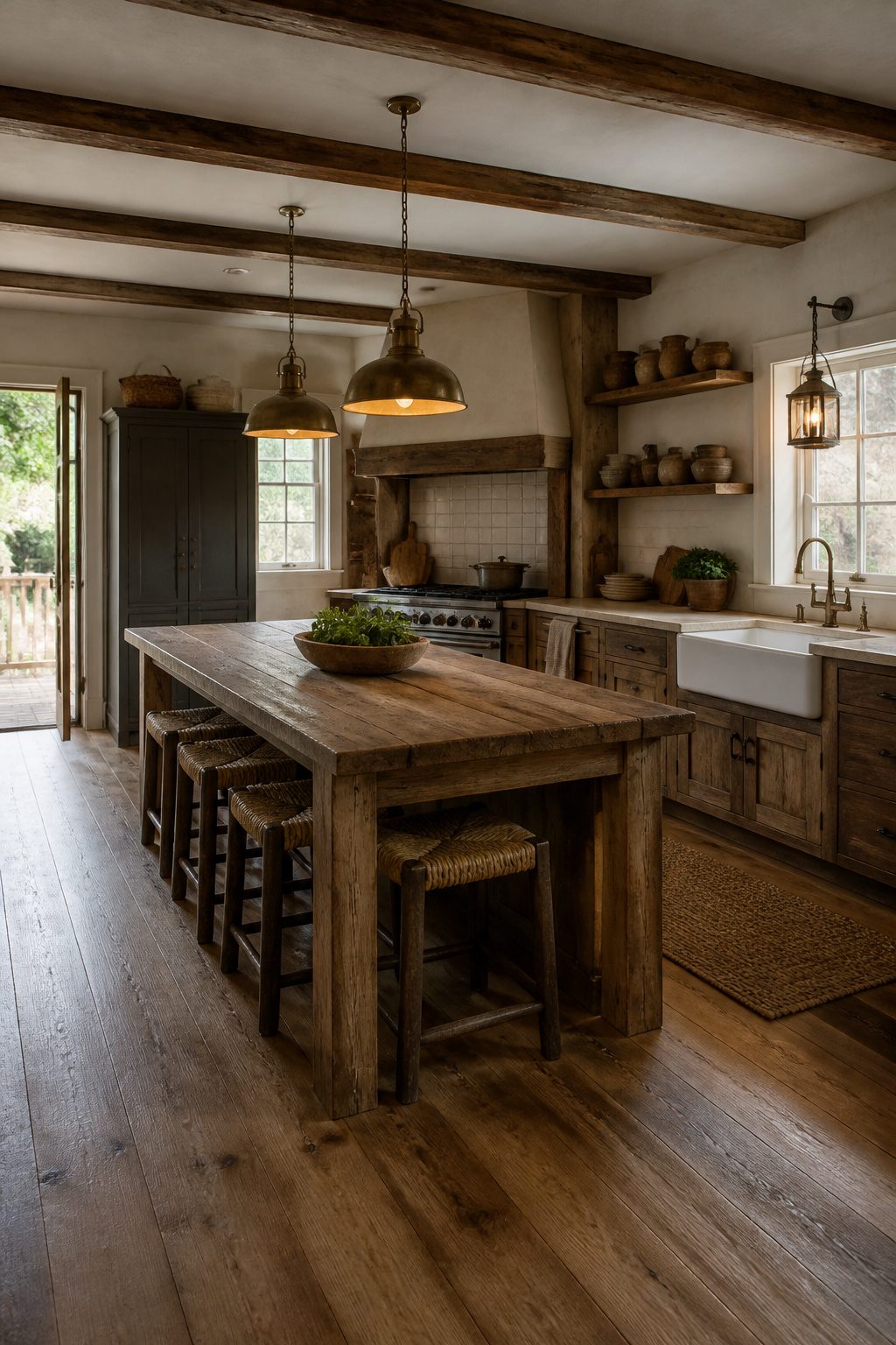 A rustic kitchen with vintage-style pendant lights over the island.