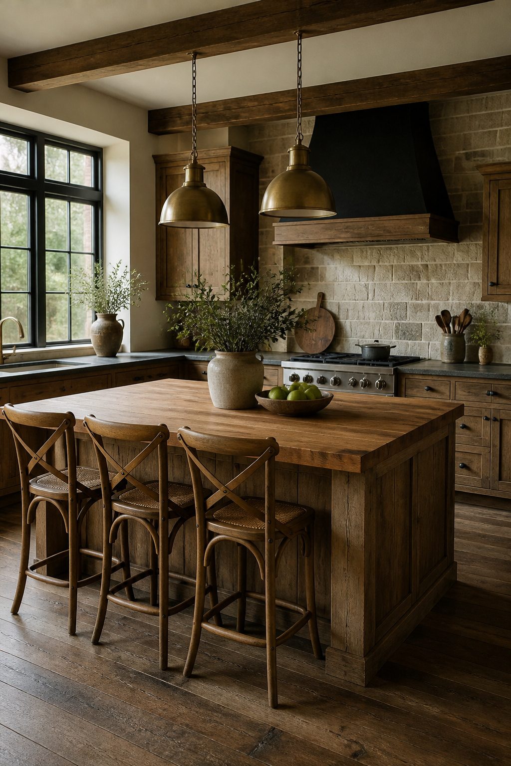 A rustic kitchen showcasing reclaimed wood and stone materials.