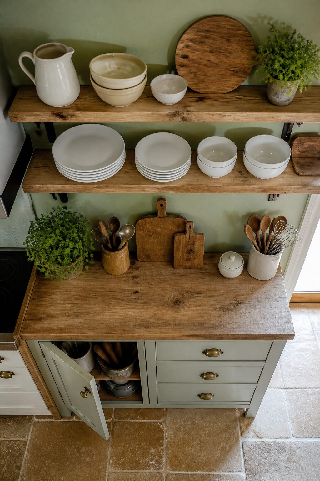 Open shelving in a rustic kitchen displaying white plates and cutting boards.