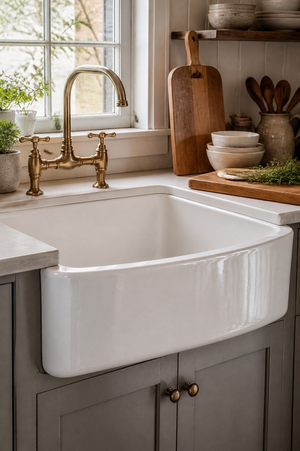 A rustic kitchen featuring a white apron-front farmhouse sink.