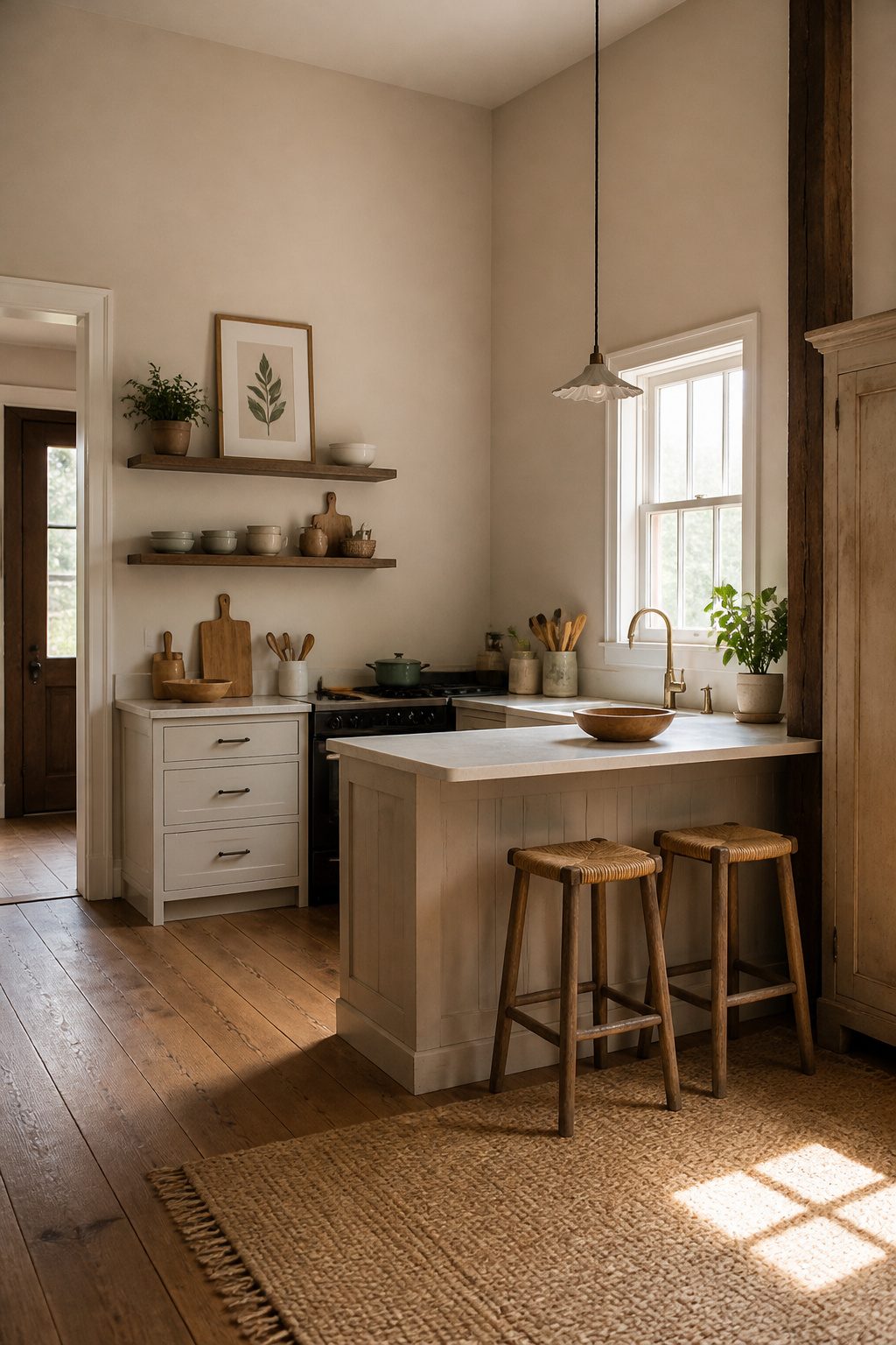 A small rustic kitchen with open shelving and neutral colors.