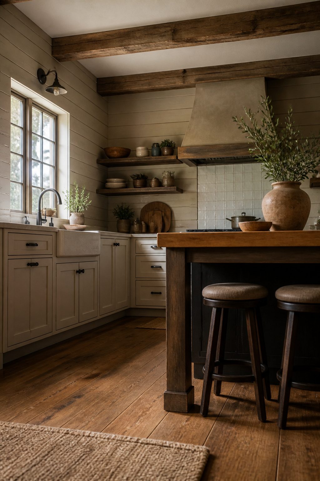A rustic kitchen featuring genuine shiplap wall treatment.