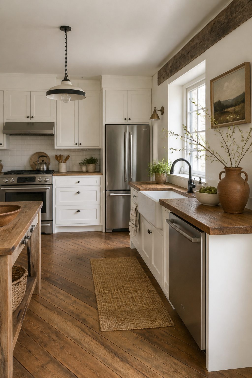 A contemporary rustic kitchen with Shaker cabinets and modern appliances.