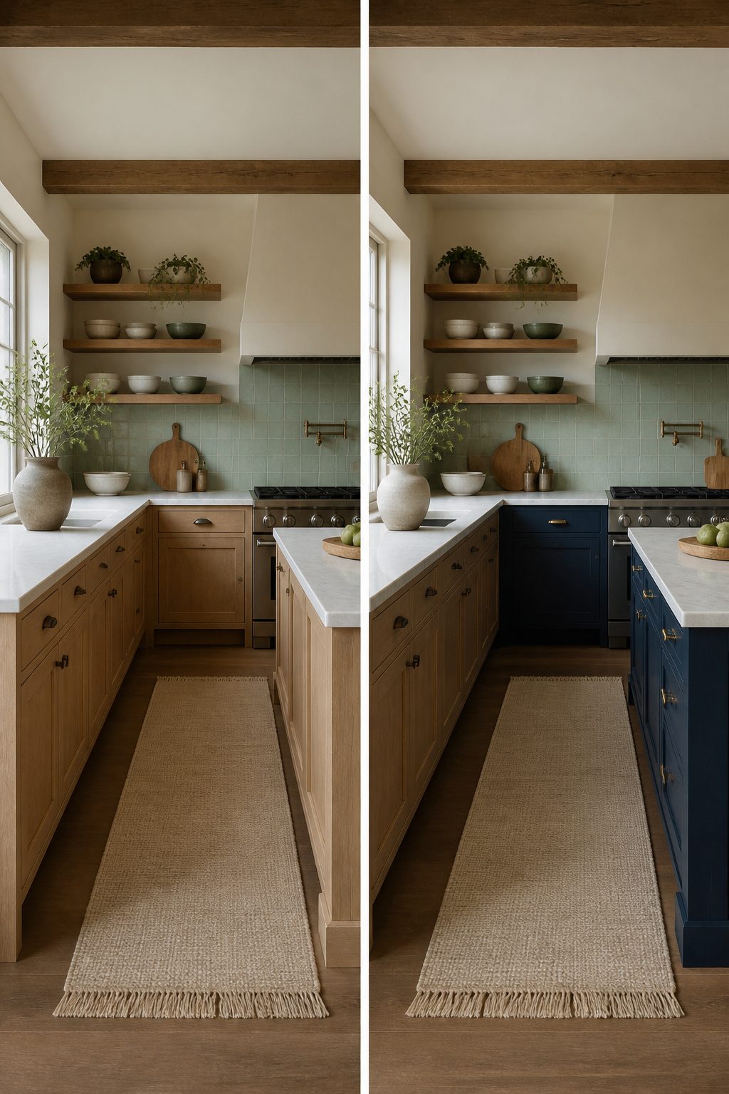 Kitchen with creamy white walls and muted green accents.