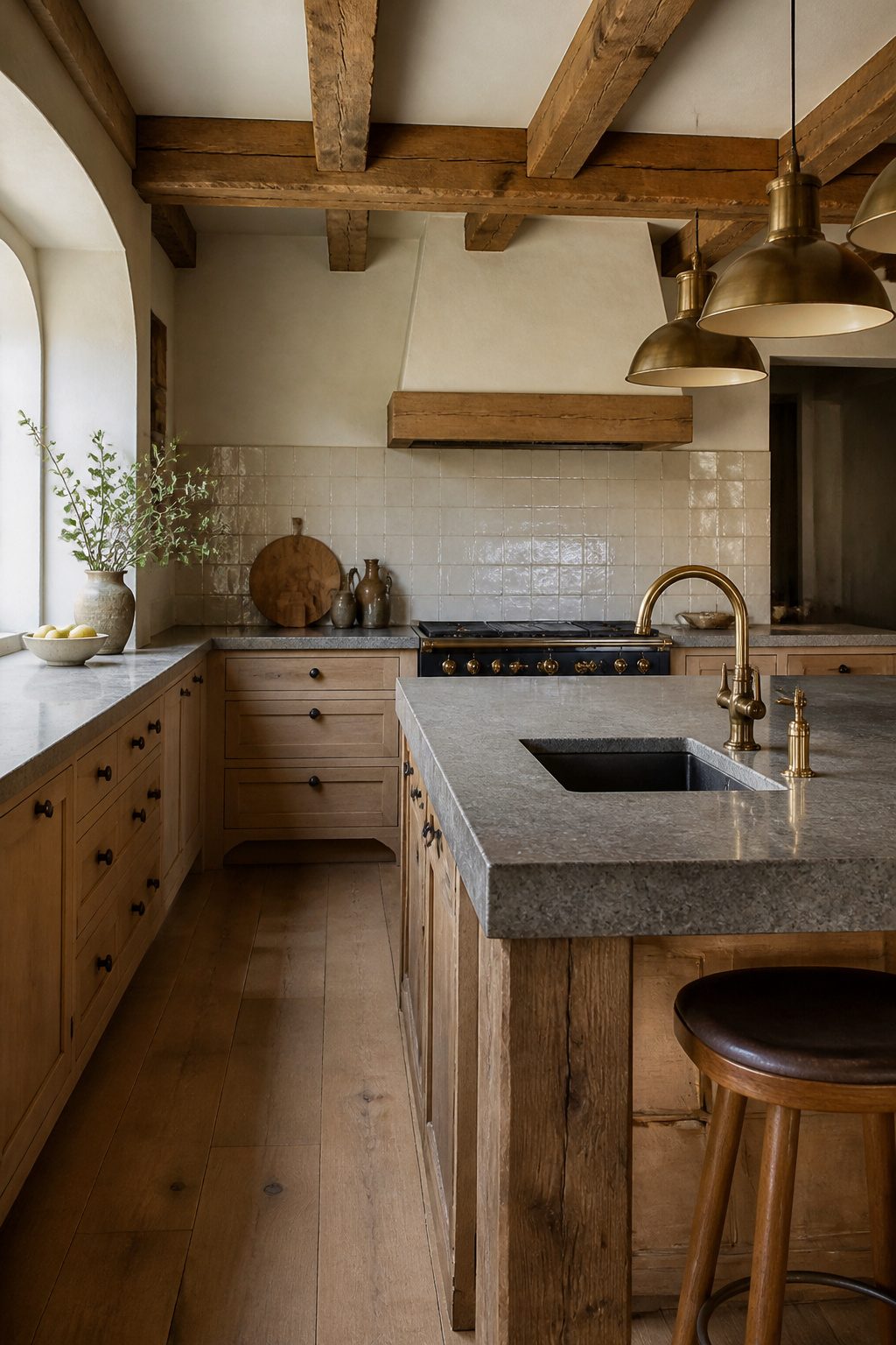 Reclaimed wood beams and honed granite countertops in the kitchen.