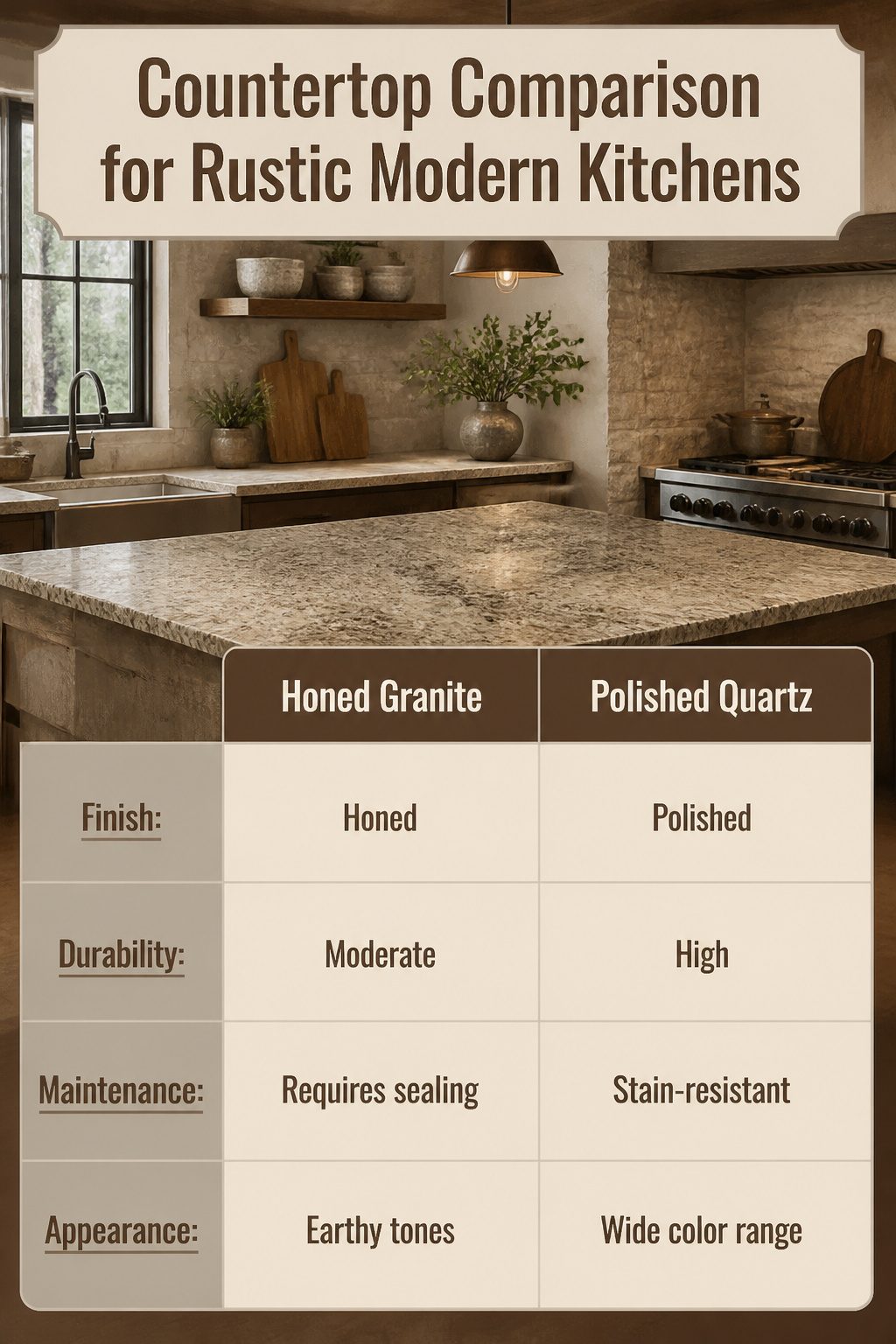 Countertops in earthy tones of honed granite and polished quartz.