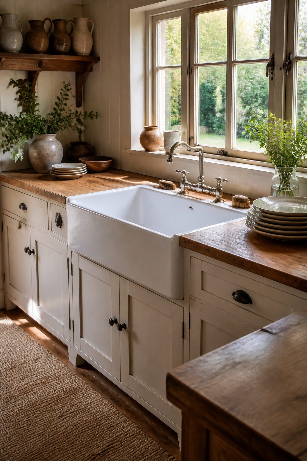 Deep apron-front sink surrounded by natural wood countertops.