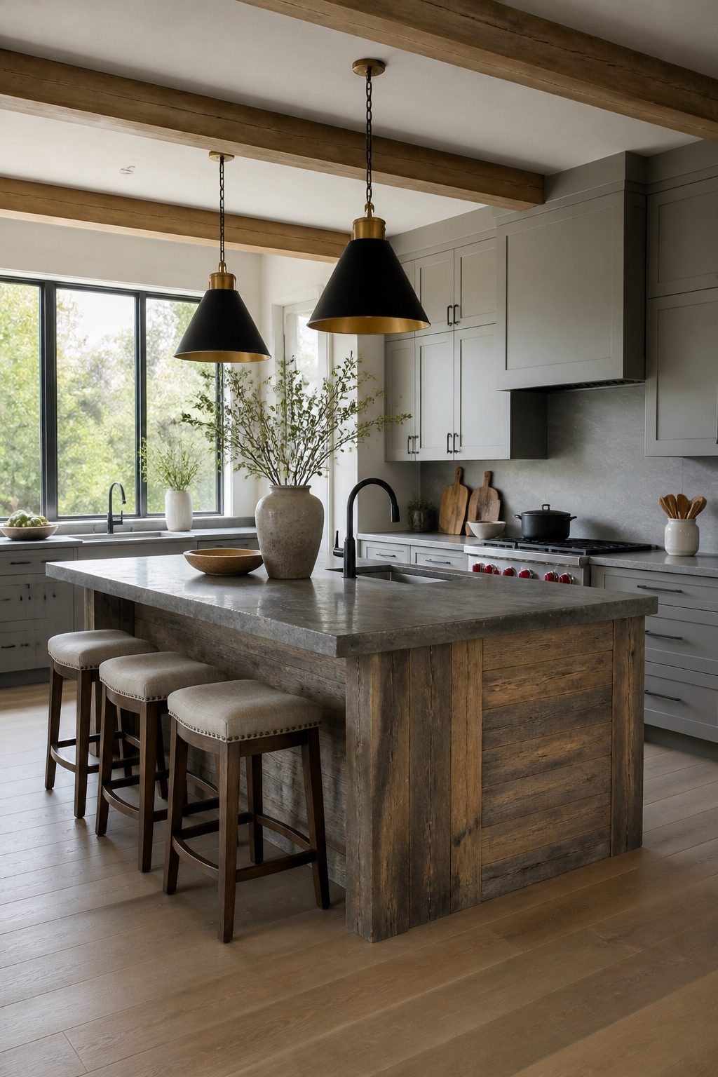 Kitchen island with reclaimed wood and honed granite top.
