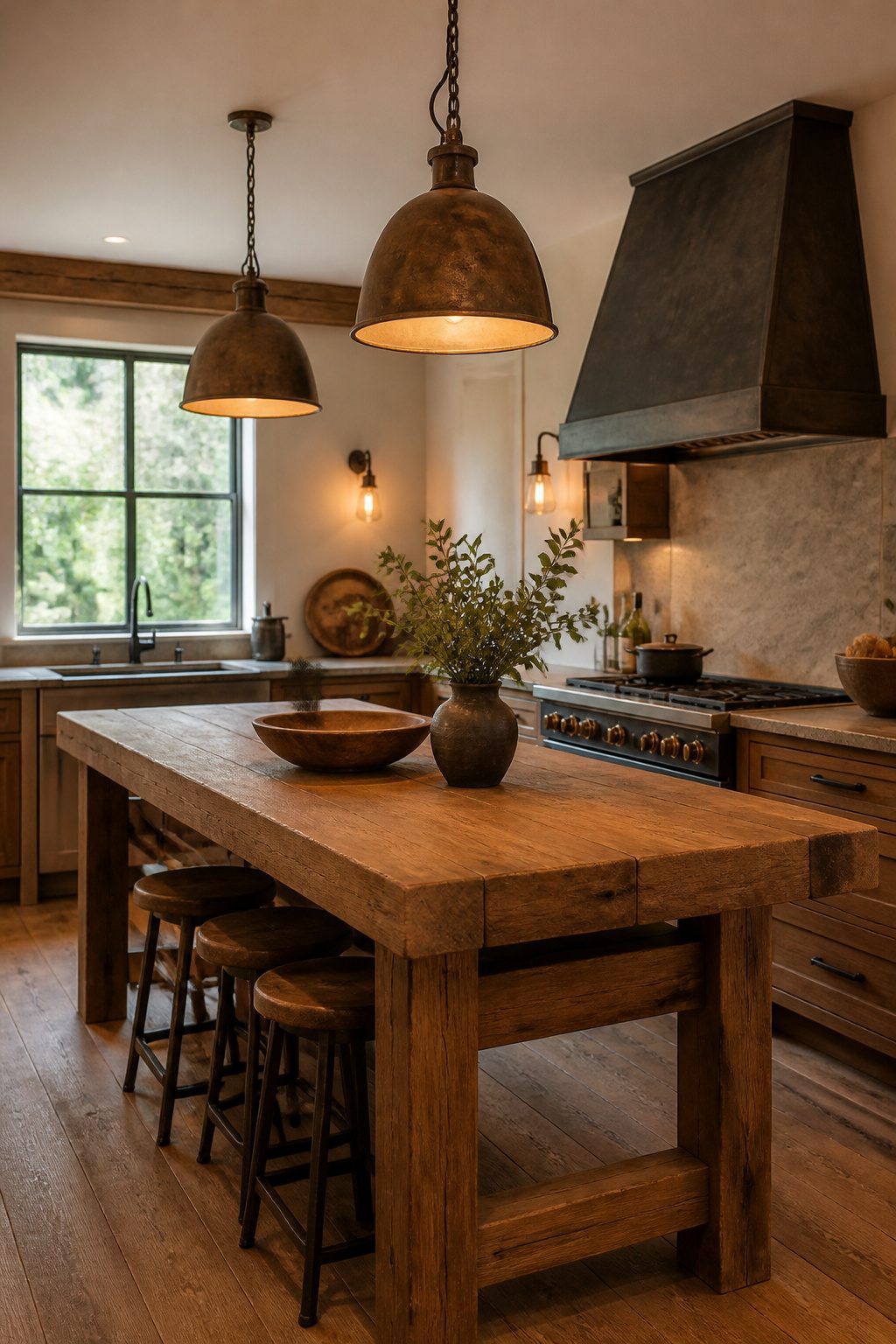 Antique pendant light hanging over a kitchen island.