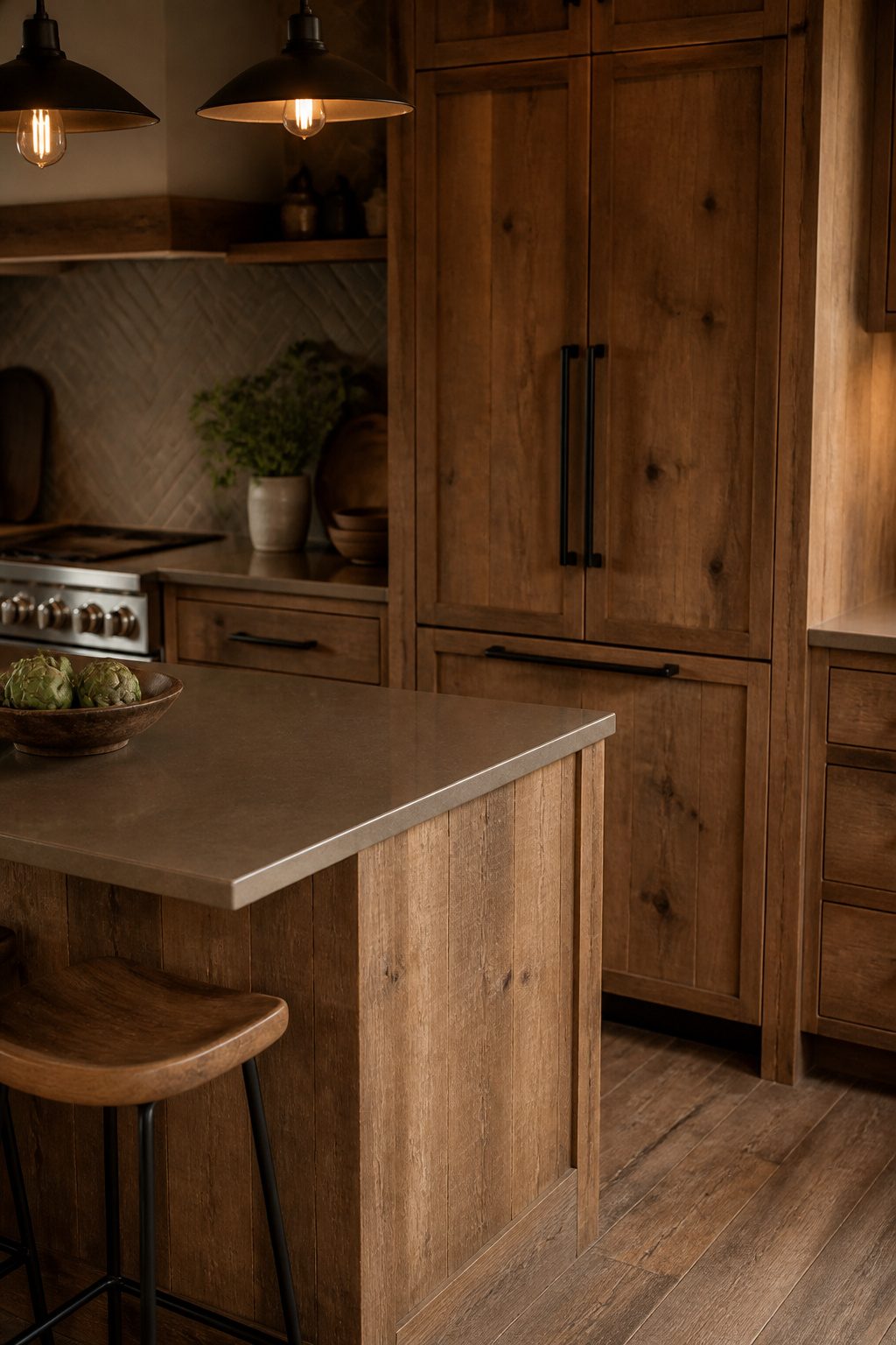 Kitchen with panel-ready refrigerator and dishwasher.
