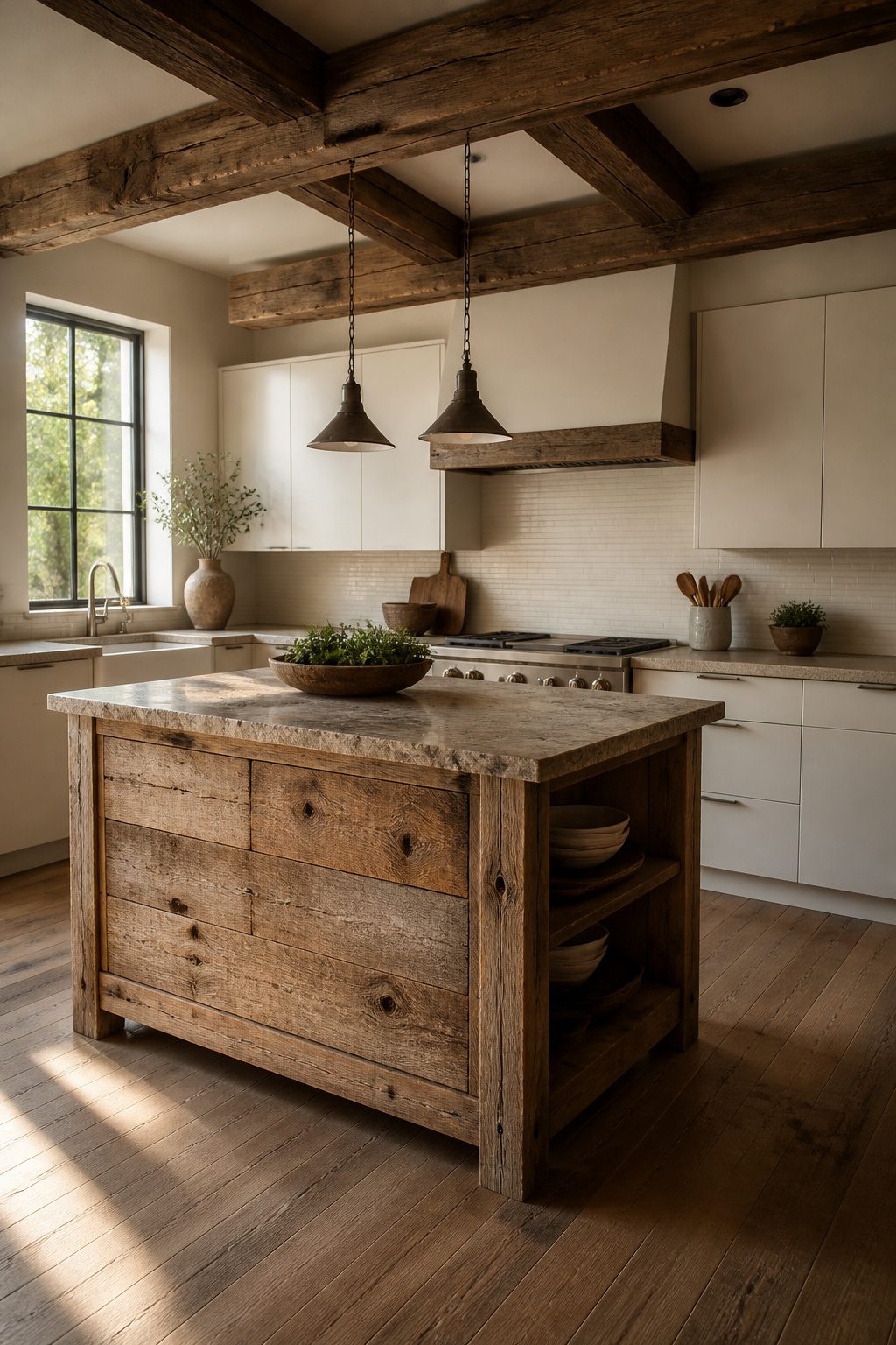 Reclaimed wood island topped with honed granite and white cabinets.