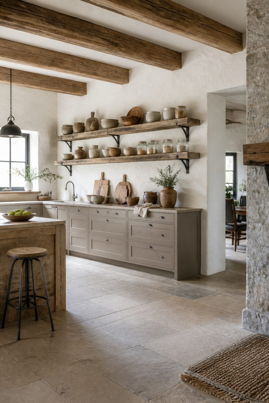 Open shelves displaying clay pottery and cutting boards.