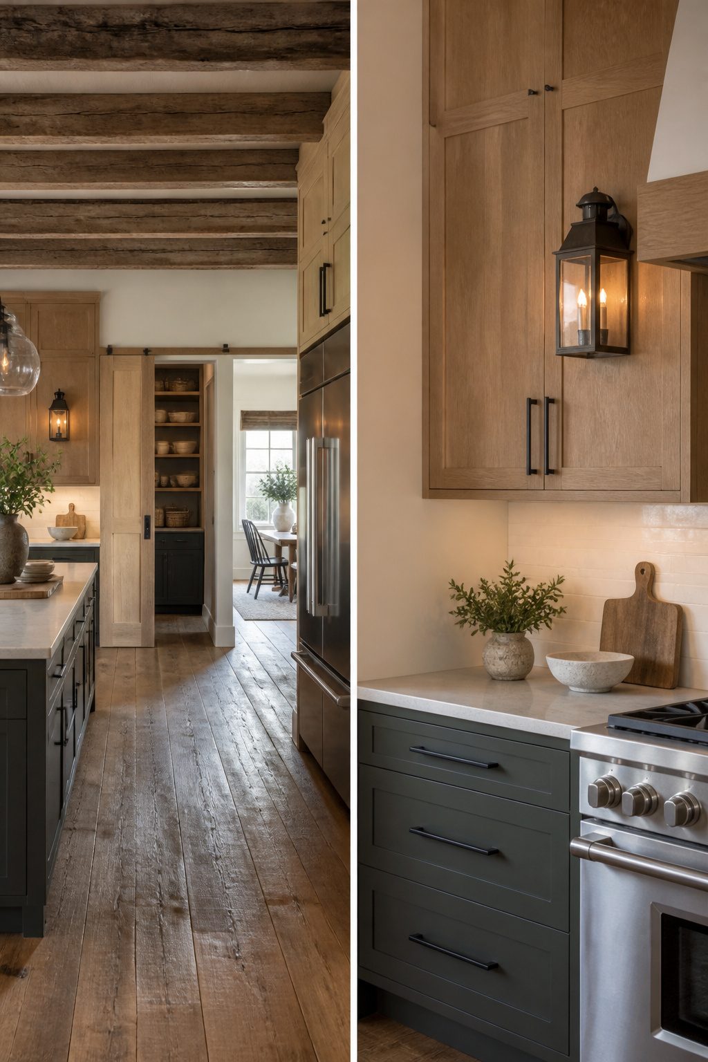 Vintage-style wall lanterns and matte black pulls in a kitchen.