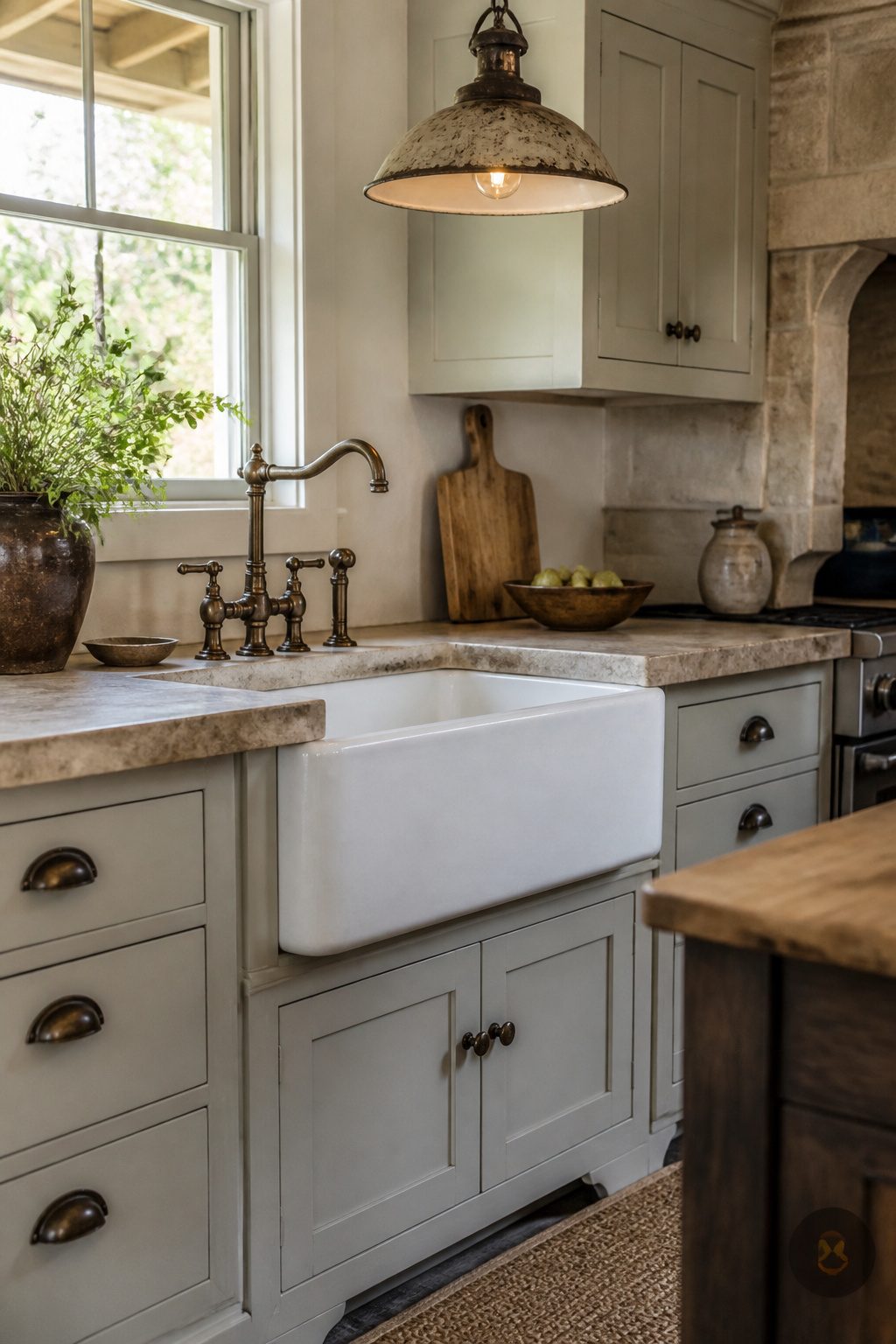 Deep apron-front farmhouse sink in a rustic kitchen.