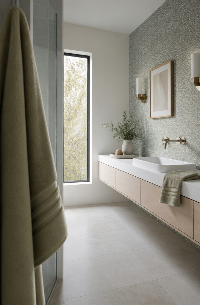 Sage and cream quartz-pattern wallpaper behind a wall-hung vanity