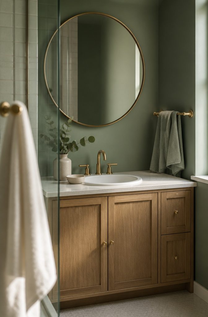 Brass faucet and towel bar against sage green bathroom walls