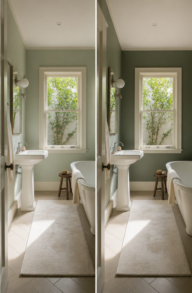 Bathroom with a deep sage green accent wall