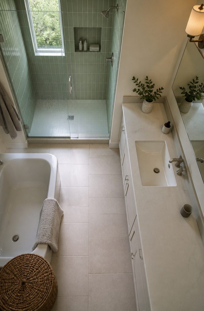 Frameless glass shower door with the back wall visible