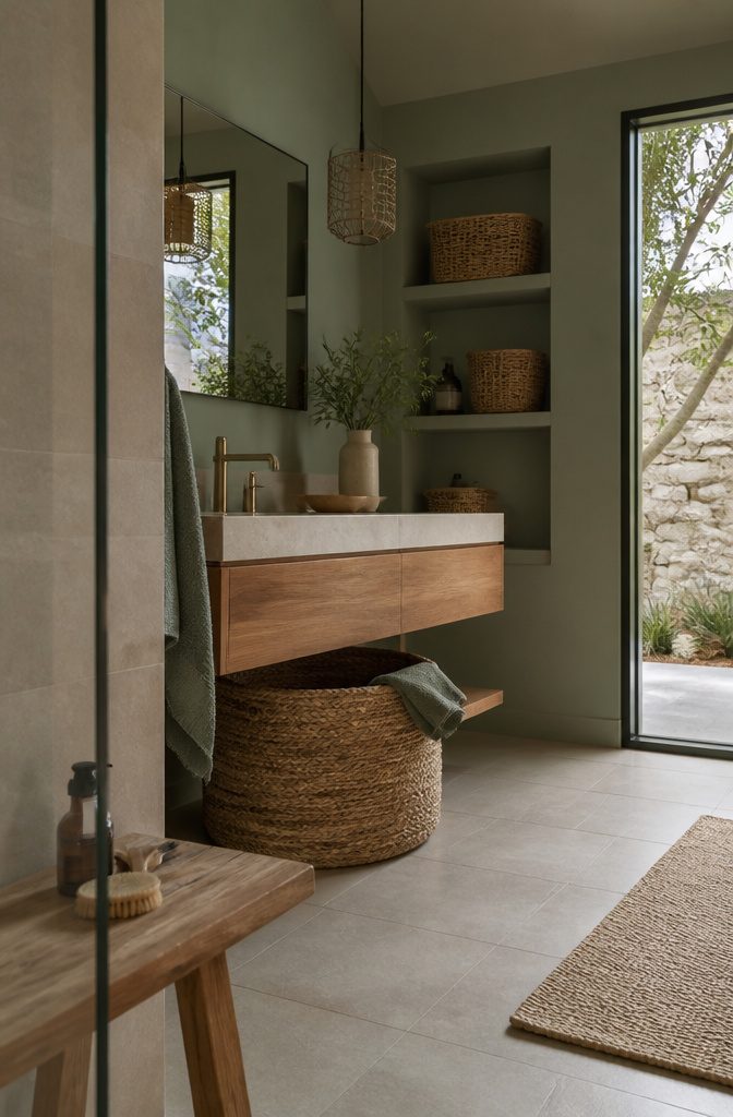 Seagrass basket beneath wooden vanity with rattan baskets on open shelves