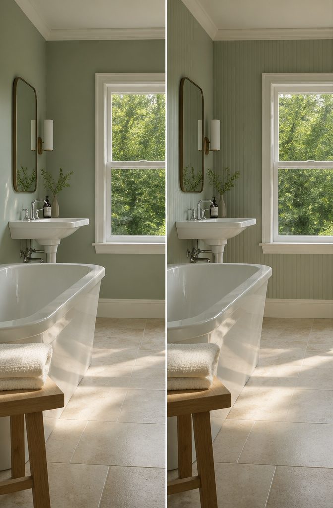 White porcelain bathtub and sink against sage green walls