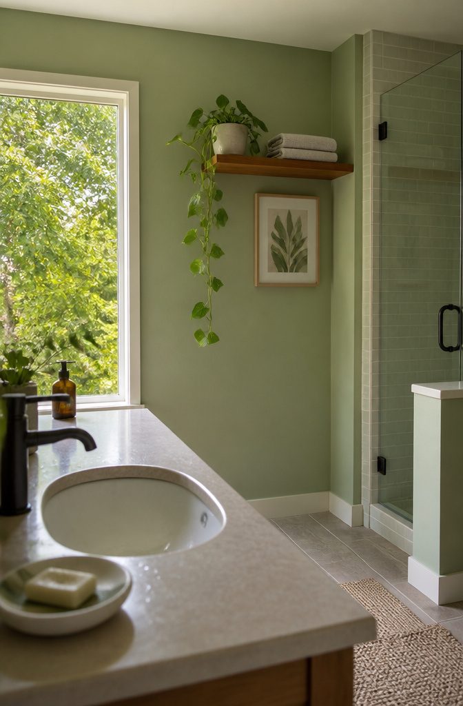 Pothos plant trailing from a high bathroom shelf