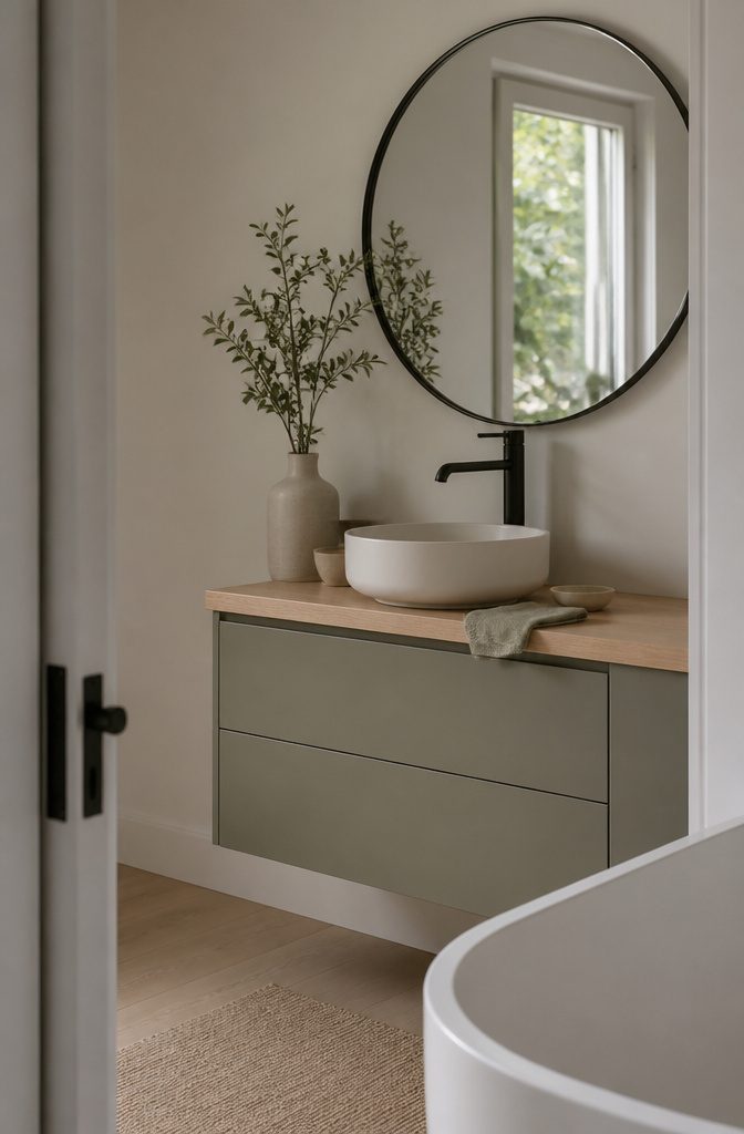Sage bathroom vanity beneath a round black mirror