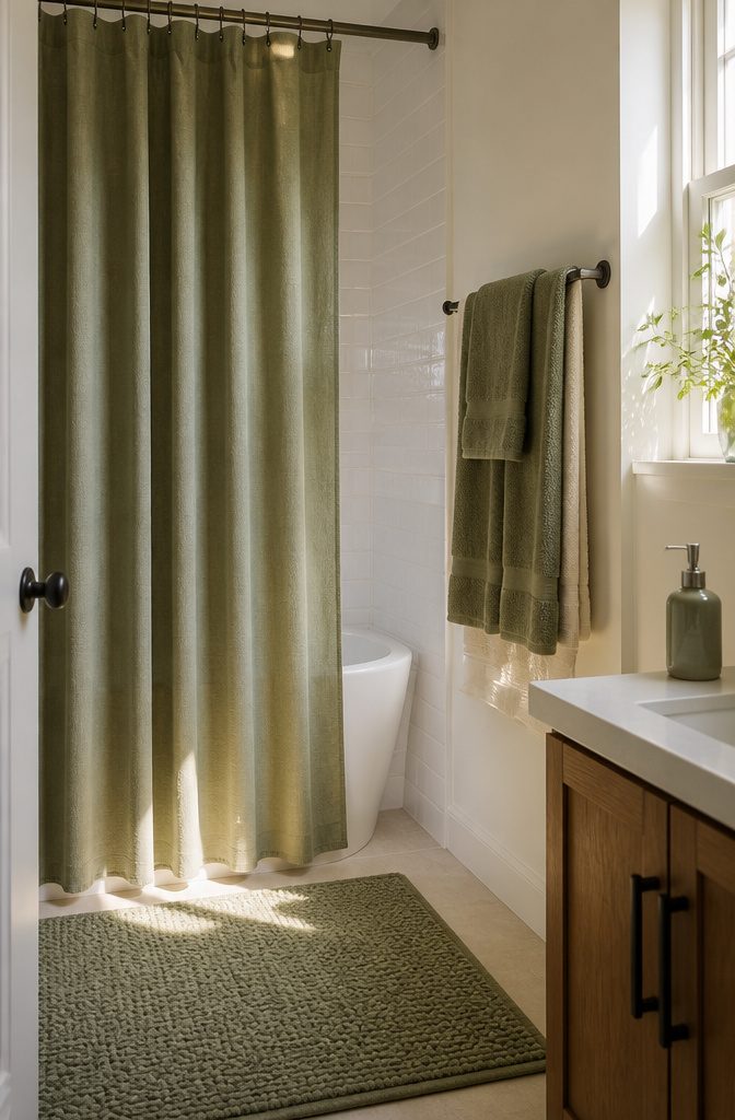 Sage linen shower curtain and green towels against white subway tile