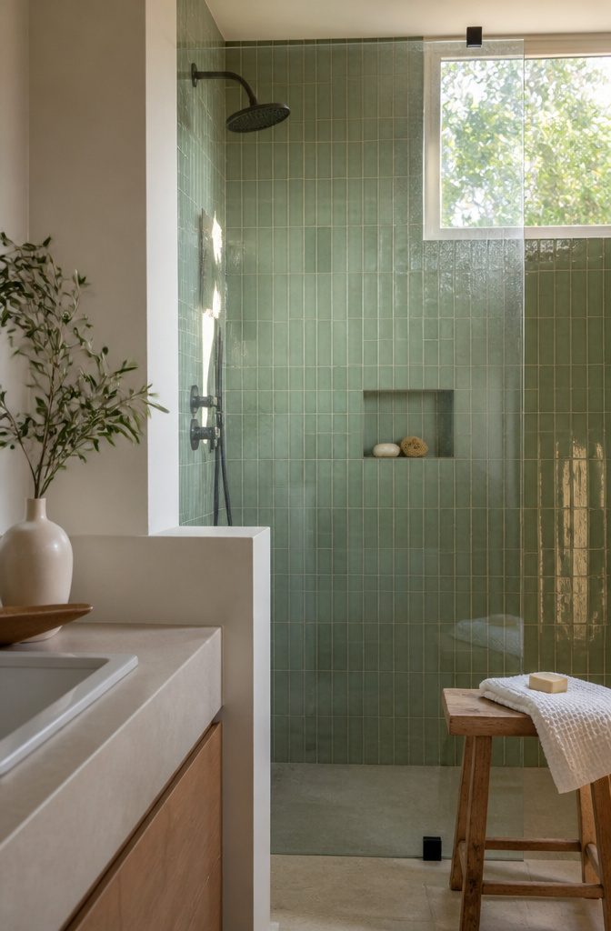 Rosemary tile in varied sage tones across a shower wall