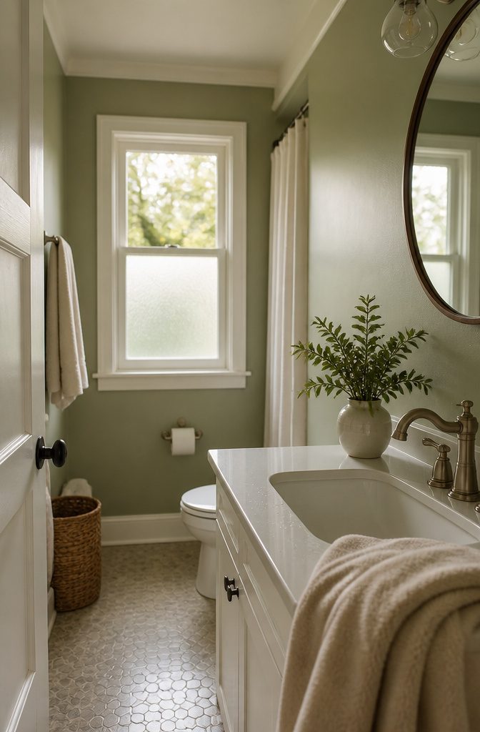 Bathroom with sage green walls and a white ceiling