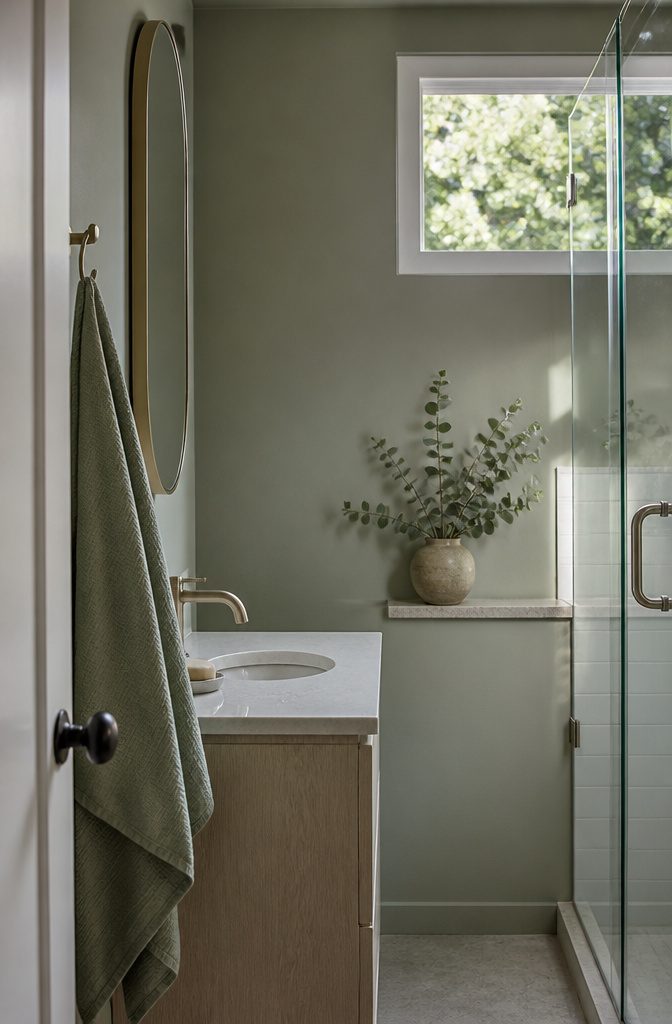 Sage bathroom with tile walls glass surfaces and metal fixtures