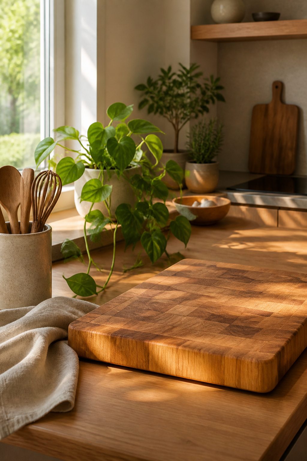 A Scandinavian kitchen with pothos and snake plants on display.