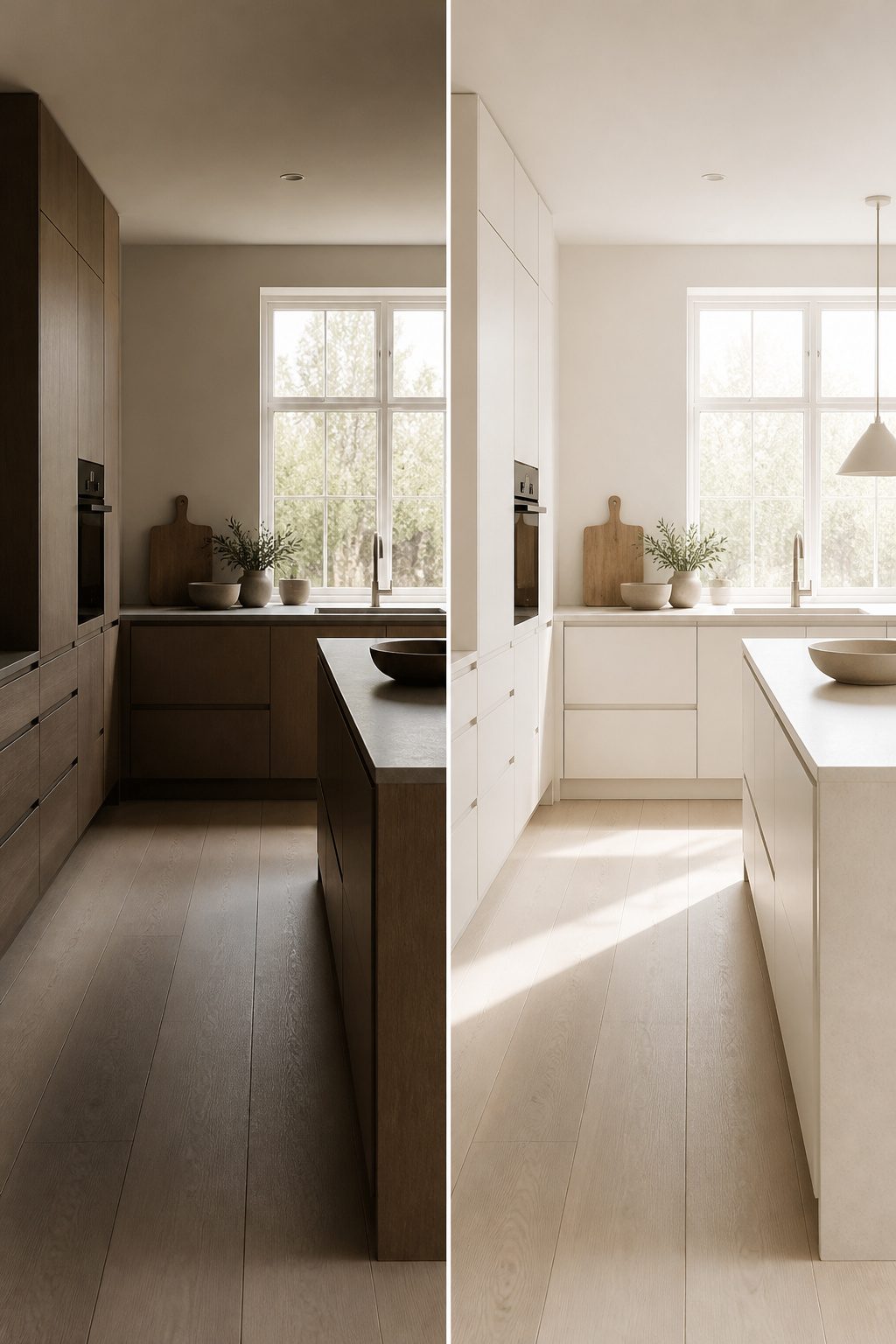 A Scandinavian kitchen with white cabinets and a soft color palette.