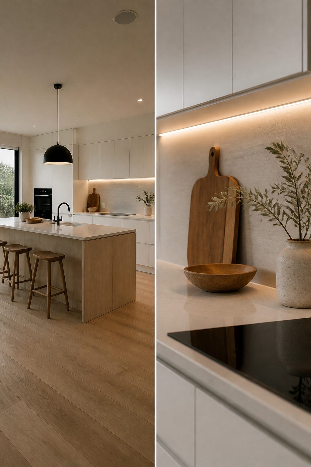 Pendant lights and under-cabinet LEDs illuminate a Scandinavian kitchen.