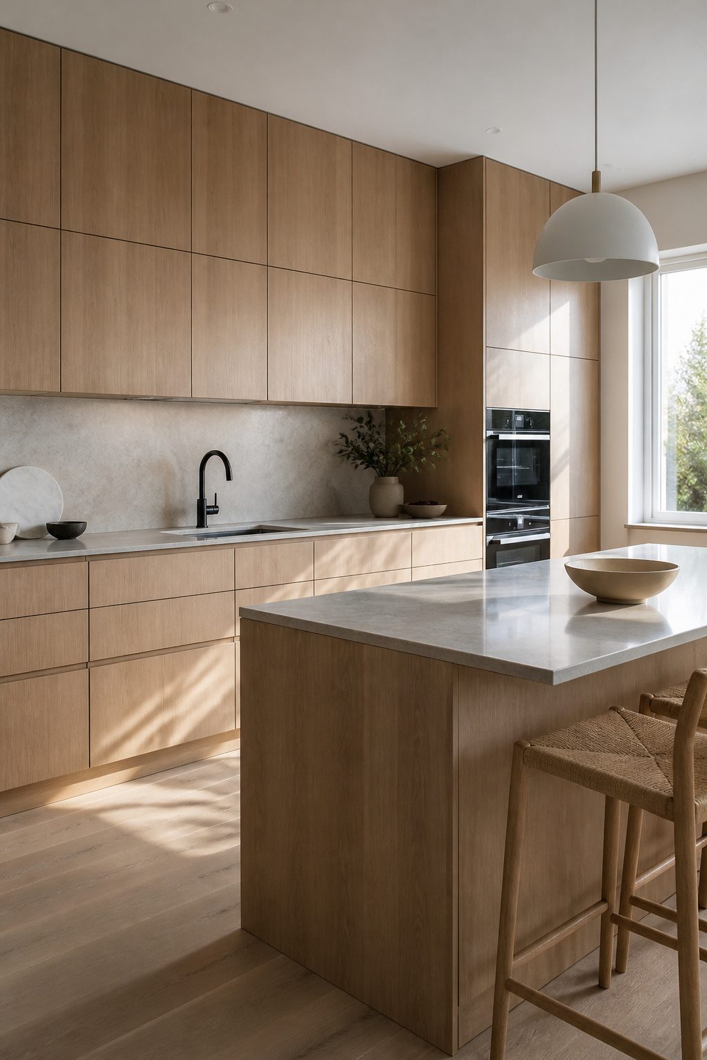 A Scandinavian kitchen with smooth cabinetry and integrated appliances.
