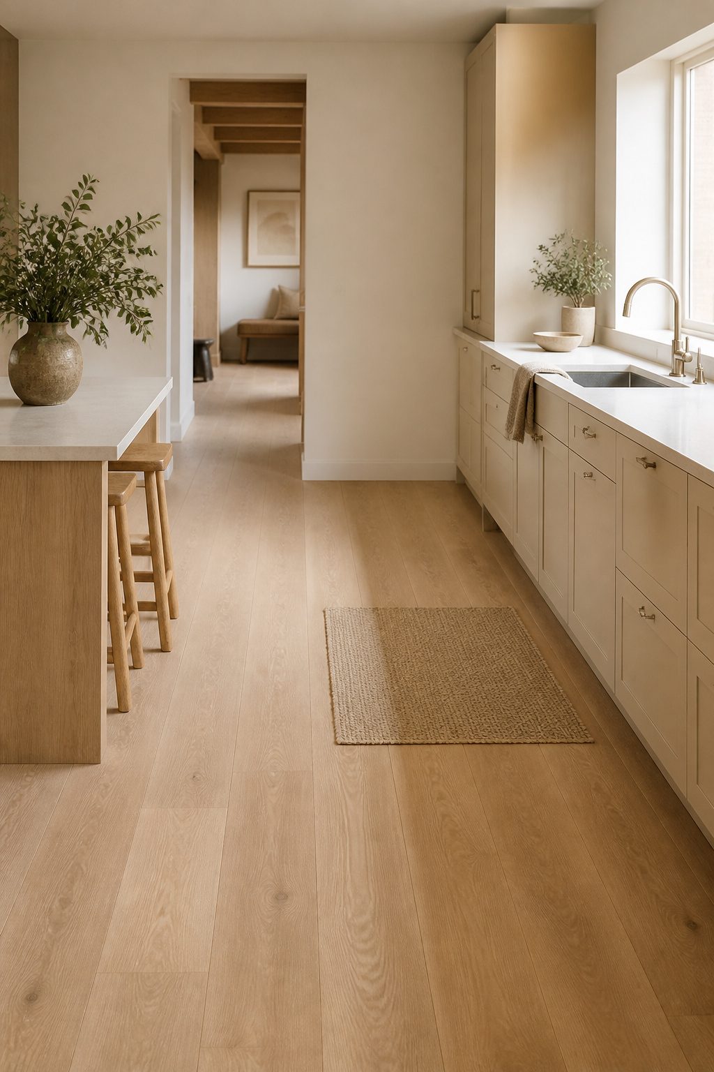 A Scandinavian kitchen featuring light-colored wood flooring.